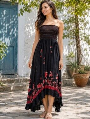 MAMTA Women's Dress One Size Smocked Top  Black/red Strapless Hi-low Hem #B